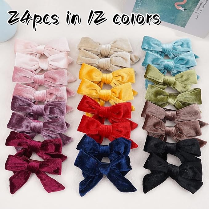 Yxiang 24PCS Velvet Hair Clips and Barrettes for Baby Girls, 4 inches Hair Bows Fully Lined Non Slip Barrettes Christmas Hair Accessories for Toddler Kid Little Girl (12 Pairs)