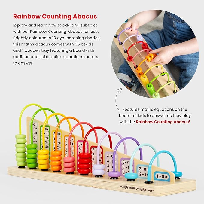 Bigjigs Toys Rainbow Counting Abacus (56 Piece) - Learn Addition & Subtraction, Wooden Numbers & Maths Games, Early Learning Resources for Children, 3+ Years