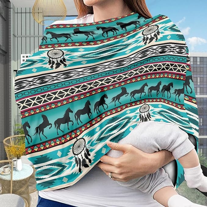AFPANQZ Aztec Horses Retro Nursing Cover Breastfeeding Scarf Baby Car Seat Covers for Boys Girls Infant Carseat Canopy Stretchy Soft Breathable Cover Up for Stroller High Chair Turquoise Green