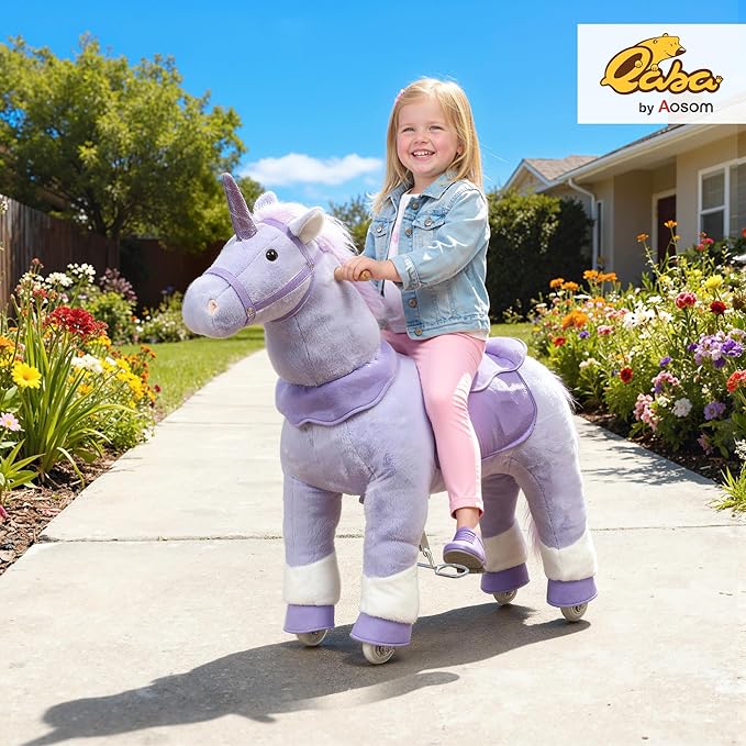 Qaba Ride on Horse for Kids 4-7 Years, 37.8 Inch Height Plush Riding Unicorn, Walking Horse Animal with Rolling Wheels for Active Play, No Batteries Required, Purple