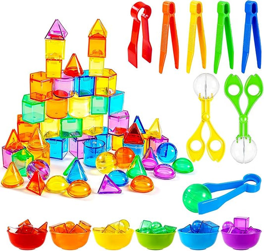 Bbiamsleep 76 Pcs Counting 3D Geometric Solids Colorful Plastic Geometric Shape Light Table Manipulative Counting Sorting Sensory Bin Filler Fine Motor Skills for Light Table Sorting Training