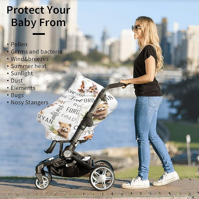 Personalized Baby Car Seat Covers for Babies, Custom Woodland Nursing Breastfeeding Carseat Canopy with Name, Infant Stroller Covers for Newborn Girls Boys, Breathable Carseat Cover