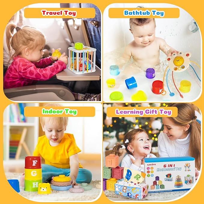 6 in 1 Montessori Toys for Babies Newborn Stacking Block Soft Infant Ring Shape Learning Sensory Bin Pull String Teething Toy Tissue Box for Toddlers 18M+ 2 3 Year Old Boy Girl Gift