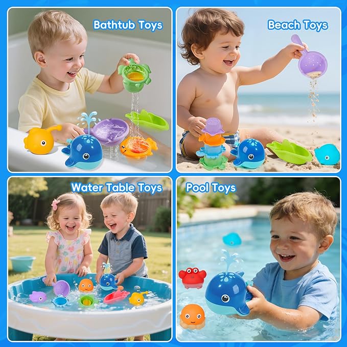 Baby Bath Toys for Kids Ages 1-3, 17PCS Mold-Free Toddler Bath Toys, Colorful Bath Boats & Stacking Cups &Whale Bath Toy, No Hole Floating Tub Toy and Storage Bag, Baby Pool Water Table Toys