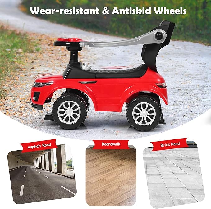 GLACER Push Cars for Toddlers 1-3, 3-in-1 Kids Sliding Car with Detachable Guardrail, Horn, Music, Lights, Storage Box and Anti-Roll Design, Ride on Push Car for Boys Girls (Red)