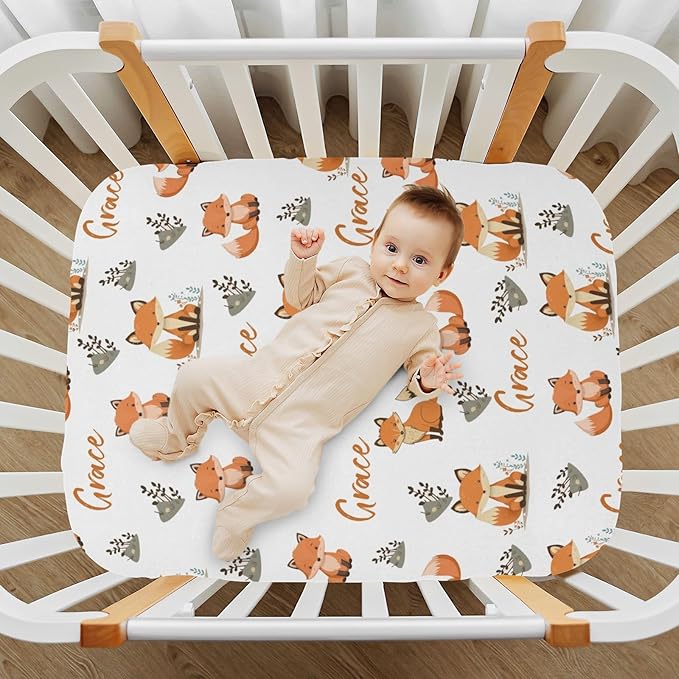 Personalized Cute Fox Pack N Play Sheets Fitted for Standard Pack and Plays, Mini Cribs, Playard,Playpen - Customized Name Mini Cribs Mattress Fitted Sheet for Baby Girls Boys - Soft Breathable