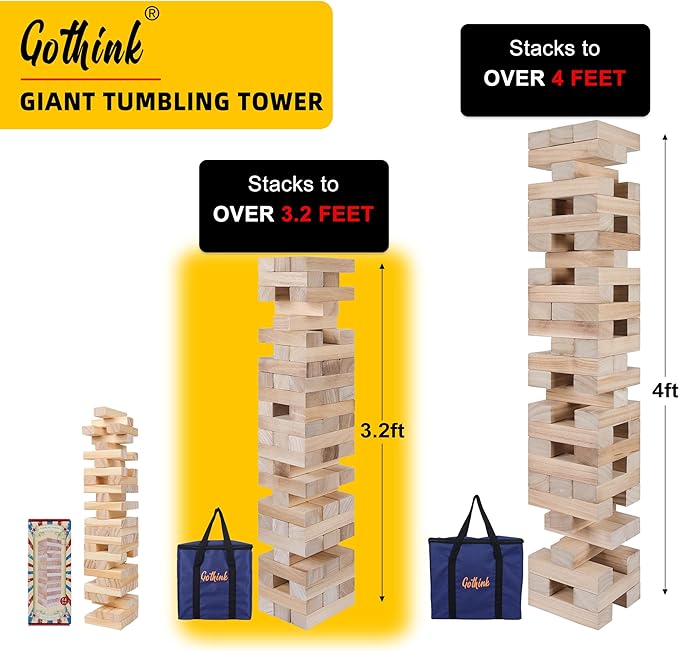 GOTHINK Giant Tumble Tower Game, Large Tumbling Tower Stacking to Over 3.2 FT 60pcs Wooden Jumbo Blocks for Outside Yard Games w/Carry Case Timber Stacking Game Night Toy Gift for Kids Adults Family