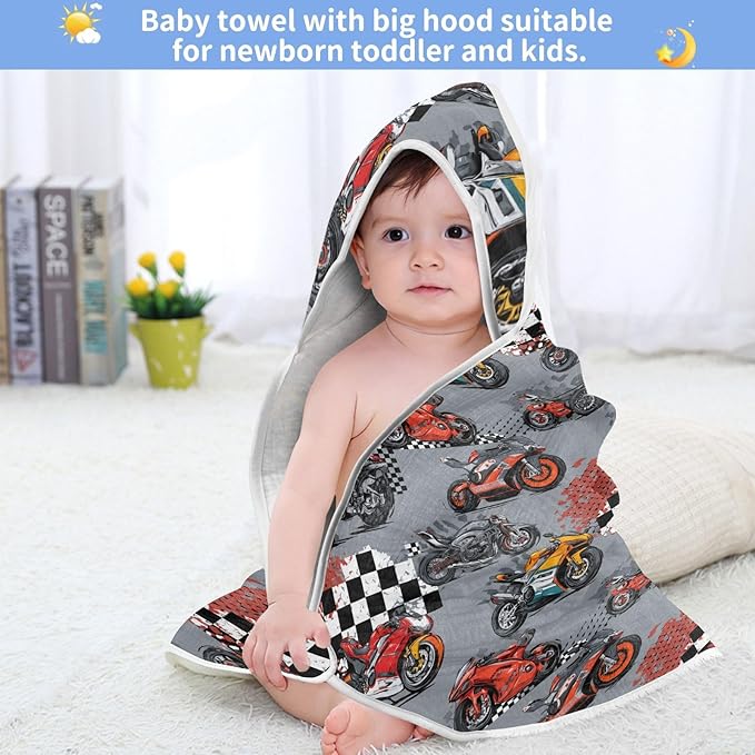 Pigsaly Car Racing Cartoon Hooded Baby Towel Race Car Flag Baby Bath Towel Unisex Soft Organic Cotton Washcloths Toddlers Shower Gifts for Boys Girls Newborn 30 x 30 in
