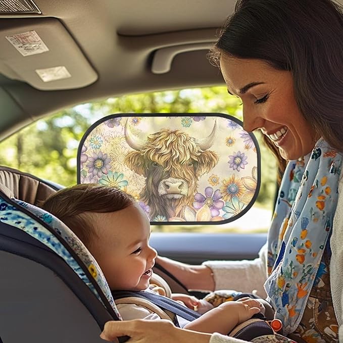 Bulopur Highland Cow Car Window Shades 2 PCS Sun Shades for Back Windows Dahlia Floral Baby Car Seat Sun Protection Easy to Install Mesh Car Window Covers Universal Sunshade Sunvisor