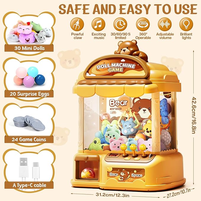 Large Claw Machine for Kids, Musical Electronic Arcade Game Console with Adjustable Sound, Christmas and Birthday Gift for Kids, Includes 30 Toys & 24 Game Coins & 20 Surprise Eggs
