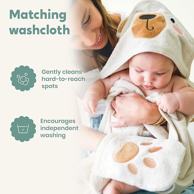 CuddleBug Premium Hooded Baby Bath Towel & Washcloth Set (Bear) - 100% Cotton Terrycloth Hooded Baby Towels for Newborn & Toddler - Super-Soft & Absorbent, Newborn Essentials (33" x 33") - Honey Beige