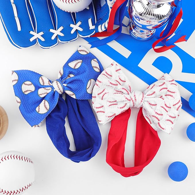 Baseball Baby Bow Headband High Stretchy Soft Nylon Headbands for Infant Girls Toddler Handmade Hairbands with Bows Baseball Hair Accessories Red Blue
