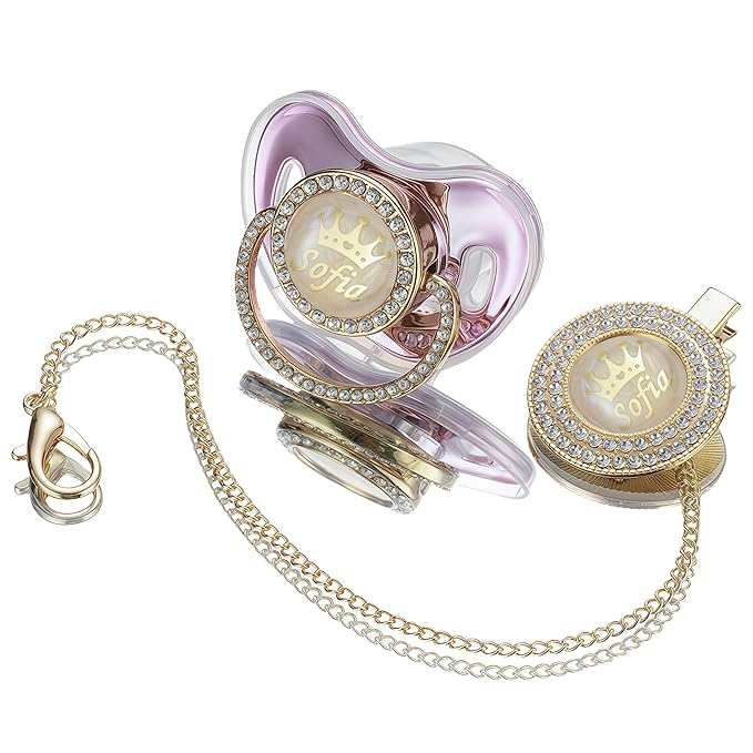 Sparkling Bling Custom Baby Pacifiers and Clips/Holder Kit with Name Personalized with Rhinestones for Boy and Girl Baby Shower(Gold Pink)