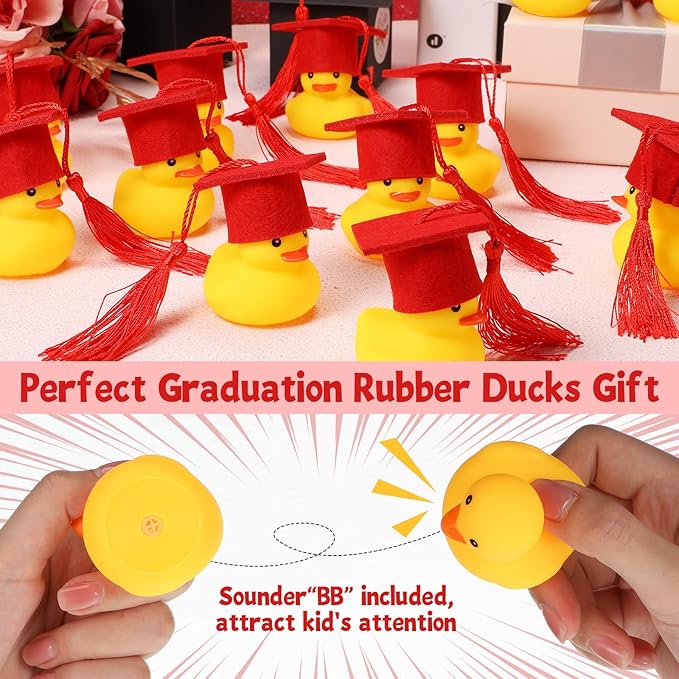 Jerify 48 Pcs Graduation Rubber Ducks with Grad Cap 2026 Diploma Grad Rubber Duck Graduation Party Bath Pool with Storage Bag for Student Gifts Party Favor(Red)