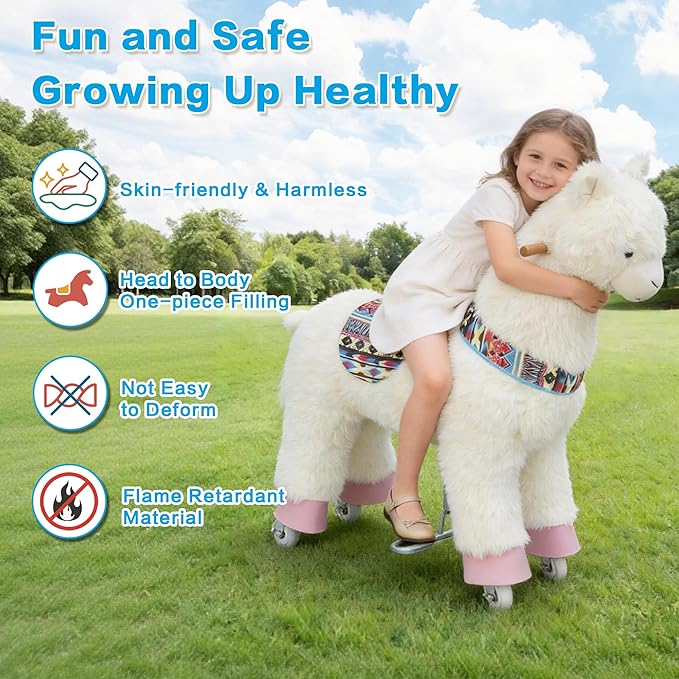 Ride on Alpaca Toys for Kids, Ride on Toy for 4 to 9 Years Old, 36.6'' Height Riding Horse Rider Mechanical Walking Action Plush Animal, No Battery or Electricity, Max Load 165LBS - White