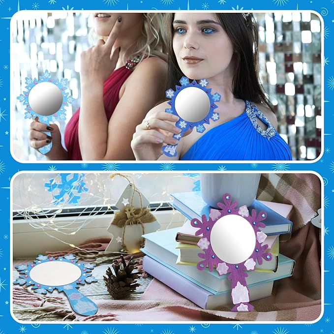 Thyle 16 Pack Princess Wonderland Mirrors Crafts Winter Snow Princess Snowflake Wooden Mirror Craft Kits Decorate Your Own Snowflake Kits for Winter Christmas Party Decorations Birthday Supplies Gift