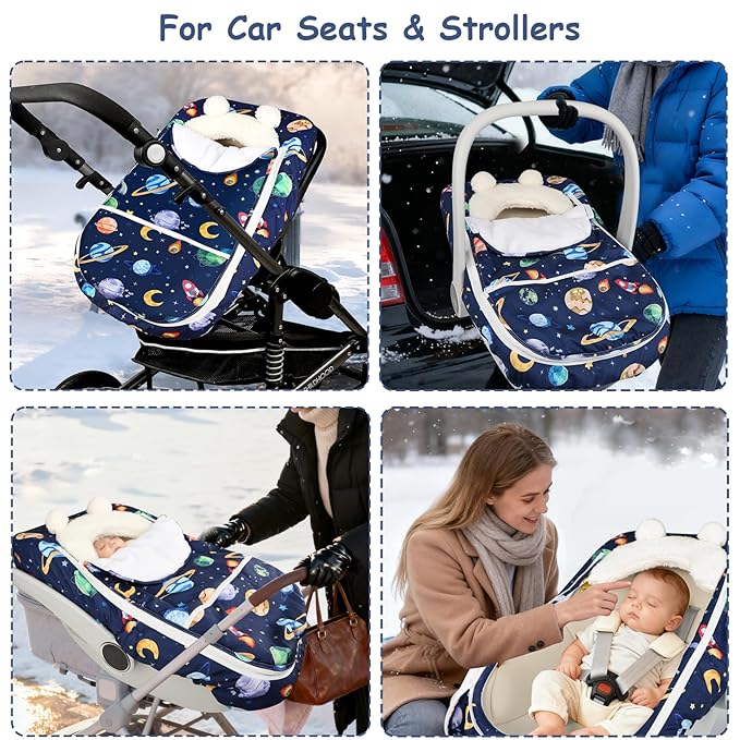 Pea Pod Winter Car Seat Cover for Baby, Infant Car Seat Canopies Cover for Newborn, Warm Plush Fleece Inner Protect Baby from Cold Wind, Space Pattern