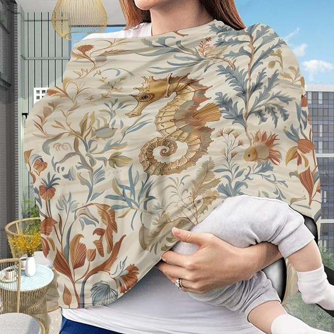 Forchrinse Retro Sea Horse Print Nursing Breastfeeding Cover,Baby Car Seat Canopy Infant Stroller Covers for Newborn,Fit Shopping Cart/High Chair/Stroller