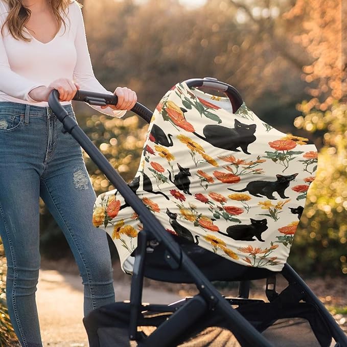 AFPANQZ Black Cat Floral Soft Baby Car Seat Canopy Nursing Cover Breastfeeding Scarf Shopping Cart Covers Stroller Sunshade High Chair Cover Car Seat Covers for Girls and Boys Breathable