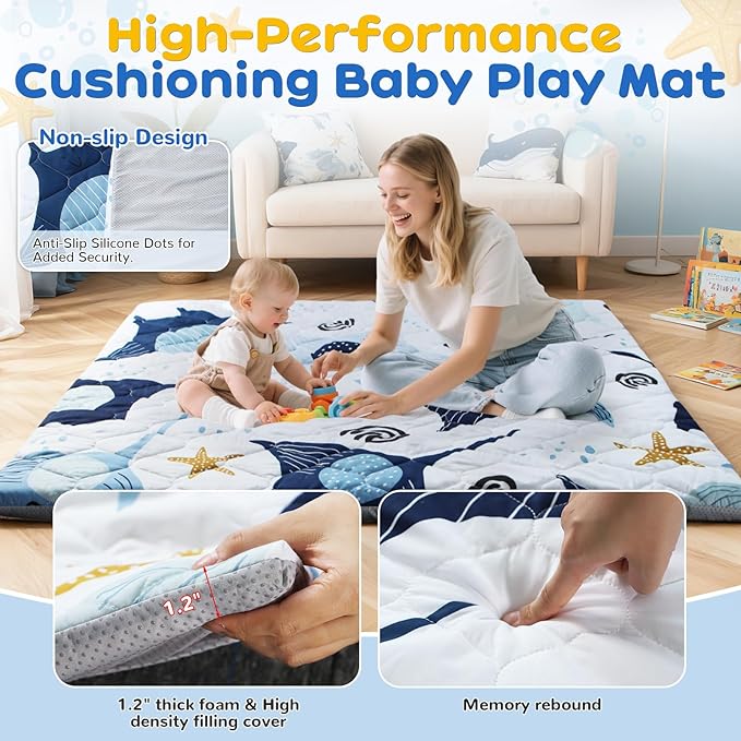 omzer Baby Play Mat, 47x47 Inch Removable & Machine Washable Cover for Easy Clean, 1.2" Thick Elasti-Foam Playpen Mat for Infants Toddlers, Non-Slip Floor Cushion for Safe Crawling - Blue