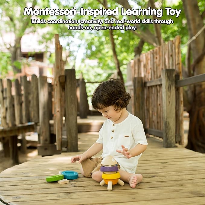 PlanToys® Wooden Stacking Rocket Toy for Toddlers | Montessori Educational STEM Learning Toy | Colorful Wooden Rocket Ship Stacker for Fine Motor Skills, Problem Solving, Preschool Gift
