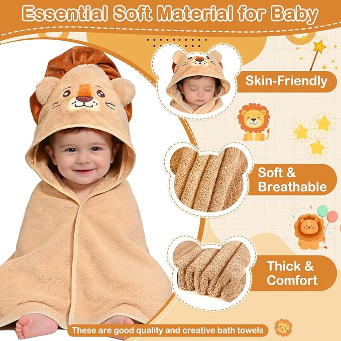 Flasoo 4 Pcs Baby Towels and Washcloths Set, Soft Hooded Bath Towel, 1 Baby Towel and 3 Baby Washcloths for Newborns, Toddlers, and Kids, 32x32 inch Baby Towel with Hood for Boy and Girl (Brown Lion)
