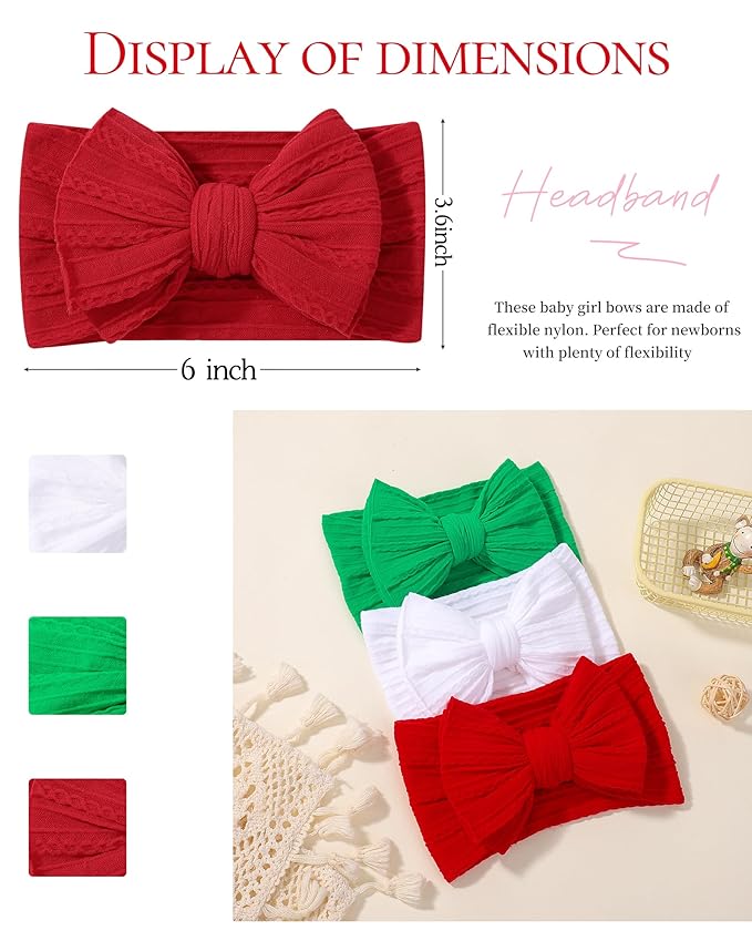 jollybows 3PCS Baby Christmas Bow Headbands Soft Nylon Baby Girl Headbands for Newborn Infant Toddler Kids Cute Bow Wide Hairbands Hair Accessories(White Green Red-Merry Christmas)