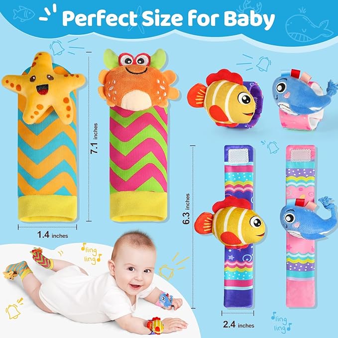 URMYWO Wrist Rattles for Baby - Rattle Socks - Foot Finder Set - Baby Toys for 0-12 Months Infant - Newborn Essentials - Early Learning Sensery Toys for Boy Girl as Shower Gifts Easter Basket Stuffer
