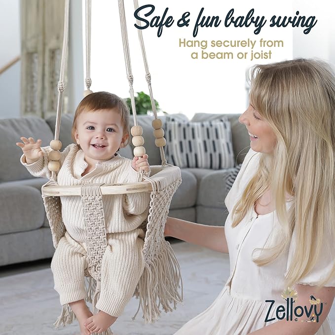 Organic Macrame Baby Swing Chair with Cushion & Portable Canvas Backpack | Boho Baby Swing Outdoor Indoor Infants & Toddler | Hanging Rope Baby Gift | Handmade Crochet Hammock Swing