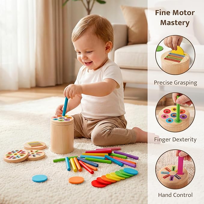 Wooden Montessori Toys for 1, 2,3 Year Old: 4 in 1 Fine Motor Skills, Learning Color Matching Sorting Sensory - Easter Basket Stuffer for Toddler Boy Girls - 18 Month