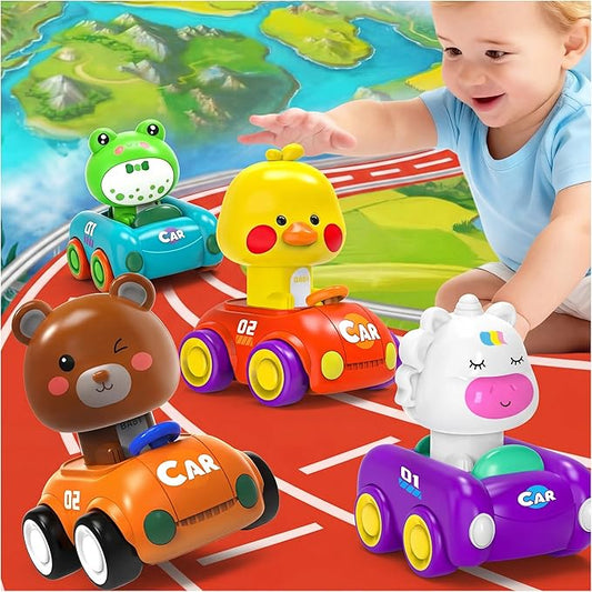 Press and Go Car Toys for Toddlers 1-3, 4 Pack Friction Powered Baby Push Cars, Infant Play Vehicle Set for 6-9-12-18 Months, 1st Birthday Gifts for 1-2 Year Old Boys Girls