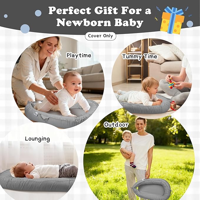 Baby Lounger Cover for Boys and Girls, Gray 100% Cotton Baby Nest Cover, Breathable Replacement Cover for Infant and Newborn Snuggle Me Lounger, Cover Only