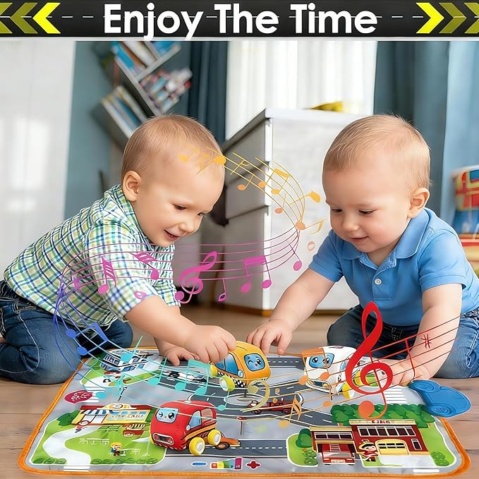 Soft Cars Toys with Voiced Playmat for One Year Old Toddler, Birthday Gifts for Infant 1 to 3 Years Boys and Girls, Musical Mat Easy Storage