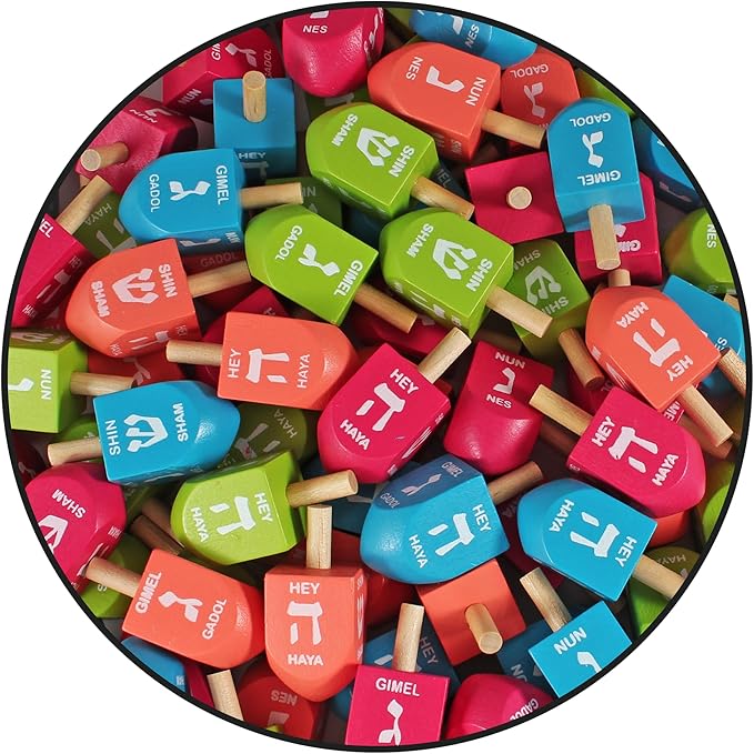 Zion Judaica Colored Wooden Dreidels 1.75" Medium Size Driedel 10 Pack Drydels in a Ziplock Bag Bulk Pack Colorful Dreidels Spinning Tops Chanukah Game Driedels for Kids Traditional Hanukkah Toy