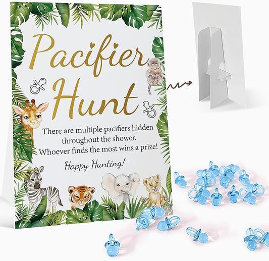 Baby Pacifier Hunt Baby Shower Games Sign (8×11 inch), Safari Jungle Zoo Forest Animals Theme Baby Gift Sets, 50 Acrylic Baby Pacifiers Mini Plastic Pacifiers for Baby Gender Reveal Gender