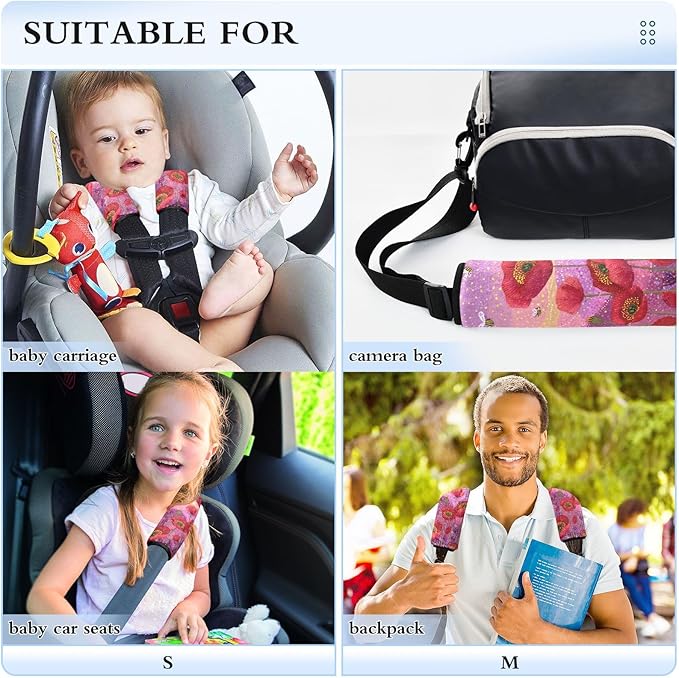 2 Pack Seatbelt Covers Seat Belt Cover Pad for Adults Boys Girls Car Seat Strap Covers Pads Cushion Universal Shoulder Strap Pad Protector for Backpack Camera Bag 6.5 Inch Poppy Flowers and Bees