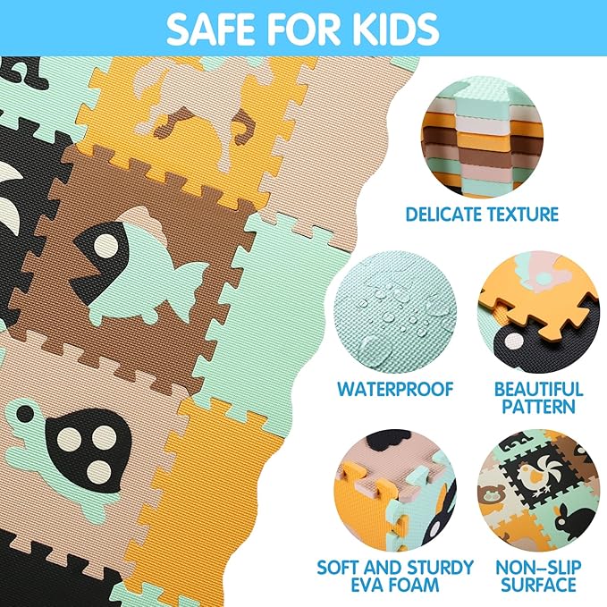 Foam Play Mat for Kids，25Pcs Square Interlocking Puzzle Floor Mat，Baby Play Mat Floor Mat Foam Puzzle Playmat for Toddlers with Fence（Animal-CSH005
