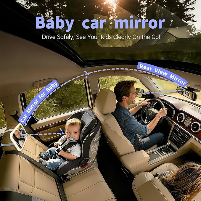 Baby Car Mirror with Remote Control Light, Shatterproof, 360° Adjustable Wide View with Night Vision, Easy Install for Rear Facing Infant Backseat