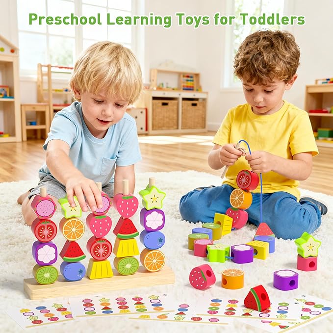 Melofaver Montessori Toys for 3 4 5 Year Old, Wooden Fruit Toddler Stacking Toys, Stacking Blocks & Lacing Beads & Shape Sorter Toy for Toddler, STEM Preschool Learning Toys for Kids Boys Girls