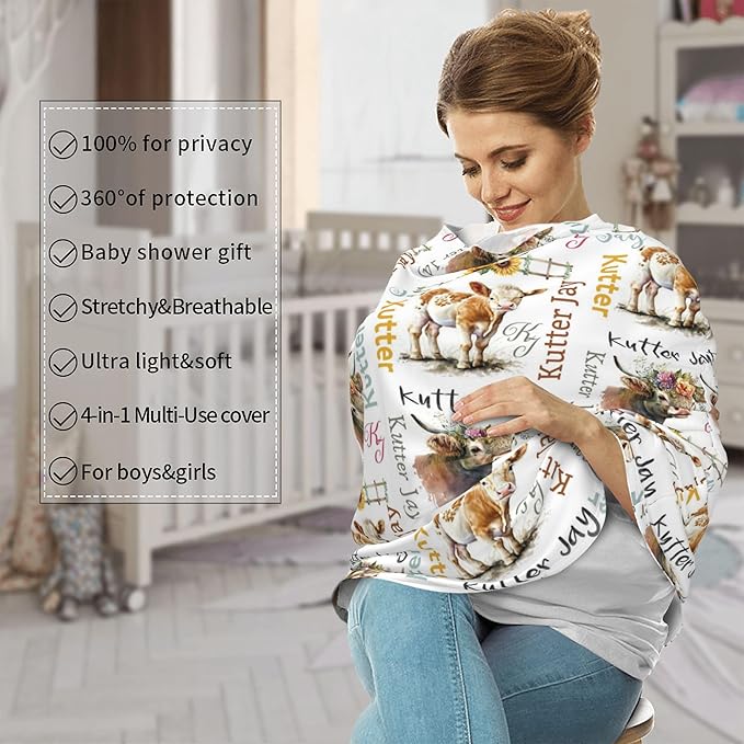 Personalized Cow Baby Car Seat Cover with Name,Multi-Use Canopy for Nursing, Strollers,Shopping Carts,Customized Breastfeeding Cover, Full Privacy,Infant Stroller Cover