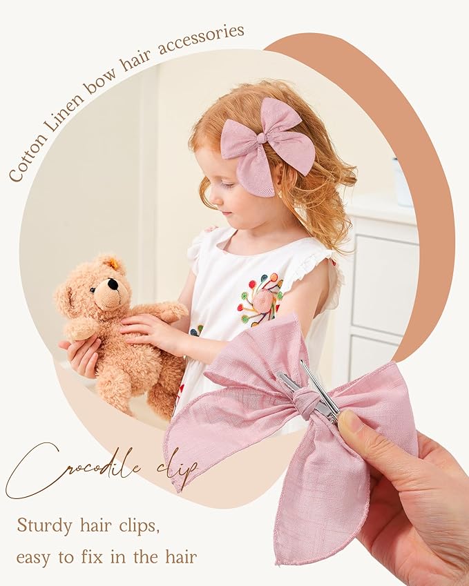 doboi 8PCS Baby Girls Hair Clips Fable Hair Bows Cotton Linen Bows for Girls Hair Accessories for Baby Toddlers Kids - Embroidery