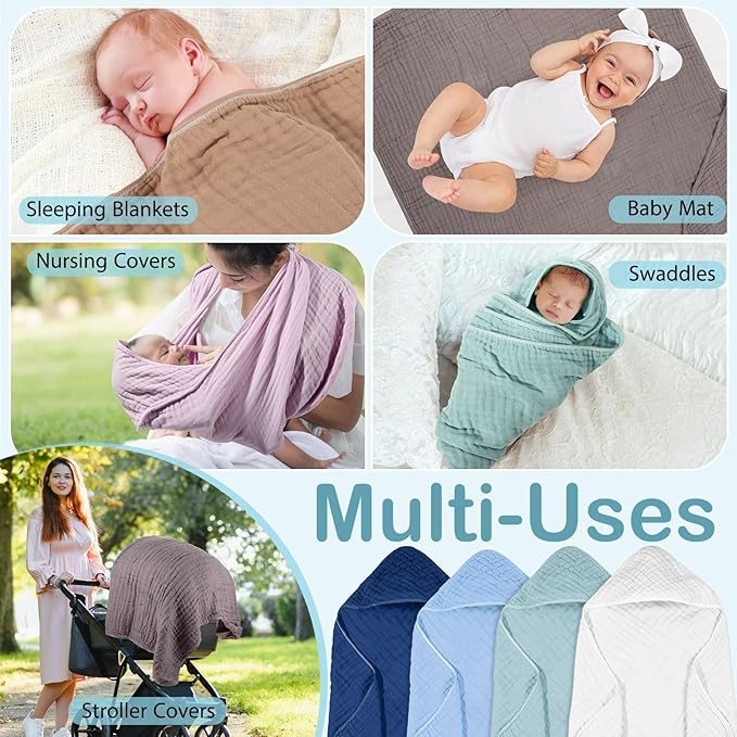 Peryiter 4 Pcs Muslin Hooded Baby Towels 32 x 32 Inch Cotton Newborn Bath Essentials Muslin Infant Blankets Absorbent Registry Gifts for Girl Boy Kids Baby Shower (Blue Series)