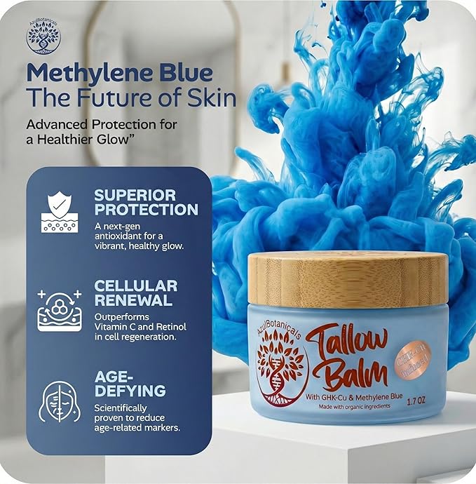 Copper Peptide GHk-Cu & Methylene Blue Infused Whipped Grass Fed Tallow Balm, Fine lines, Wrinkles, Eczema, Acne, Full body Moisturizer, For All Skin (1.7 oz)