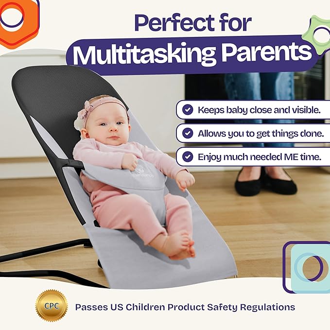 ComfyBumpy Ergonomic Baby Bouncer Seat - Bonus Travel Carry Case - Safe, Portable Bouncing Chair with Adjustable Height Positions - Infant Bouncy Seat Perfect for Newborn Babies (Grey)