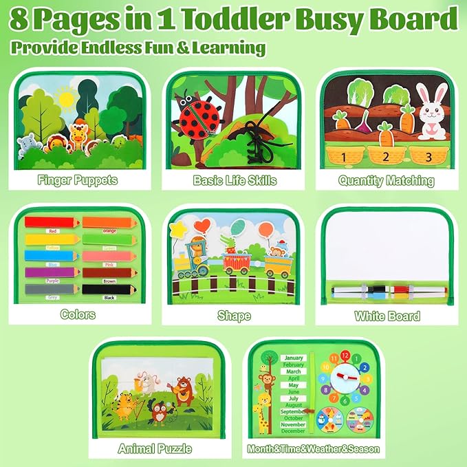 Busy Board for Toddlers, Montessori Toys for Boys Girls, Educational Learning Activity Quiet Book with Life Skills, Toddler Travel Toys Birthday Gifts (Green)