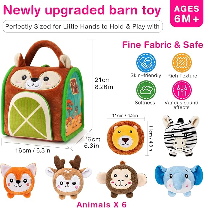 Baby Toys - Soft Squirrel Barn with 6 Sensory Stuffed Animals - Rattles, Crinkle, Mirror, Montessori Toys Ball for 6-12 Months & 0-3 year Toddler Boy Girl Birthday Gift Travel & Fidget Toy