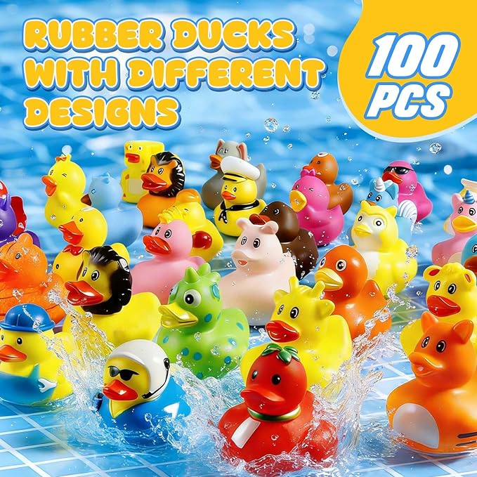 100 Pcs Rubber Ducks, Random Assortment Ducks Bulk for Jeeps Ducking, 2" Mini Rubber Duckies for Baby Toddler Bath Toys, Kids Pool Toys Birthday Gifts Party Favors