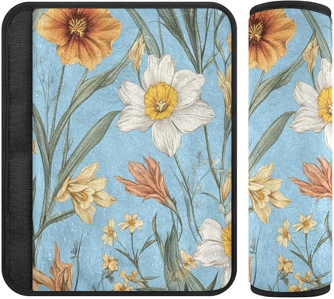 Car Seat Belt Pads 2 Pcs Breathable Car Safety Seat Belt Strap Shoulder Pad for Adults and Kids M Autumn Flowers Flower Daffodil Gladiolus Blue