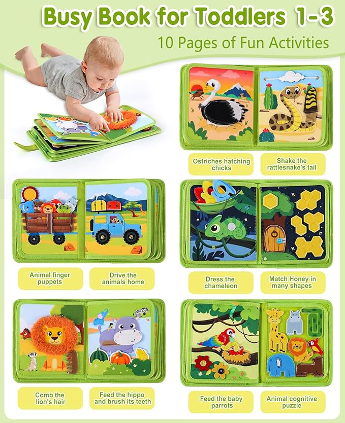 Wild-Animals Busy Book for Toddlers 1-3, Montessori Toys Busy Board for 1 Year Old Boy Girl Gifts, Toddler Easter Basket Stuffers Learning Quiet Activity Book, Educational Airplane One Year Travel Toy
