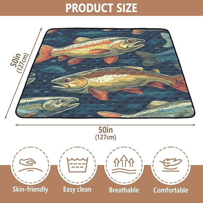 Trout Fish Watercolor Baby Playmat Washable Playroom Crawling Mat Non-Slip Play Mats for Floor 50x50 Mat